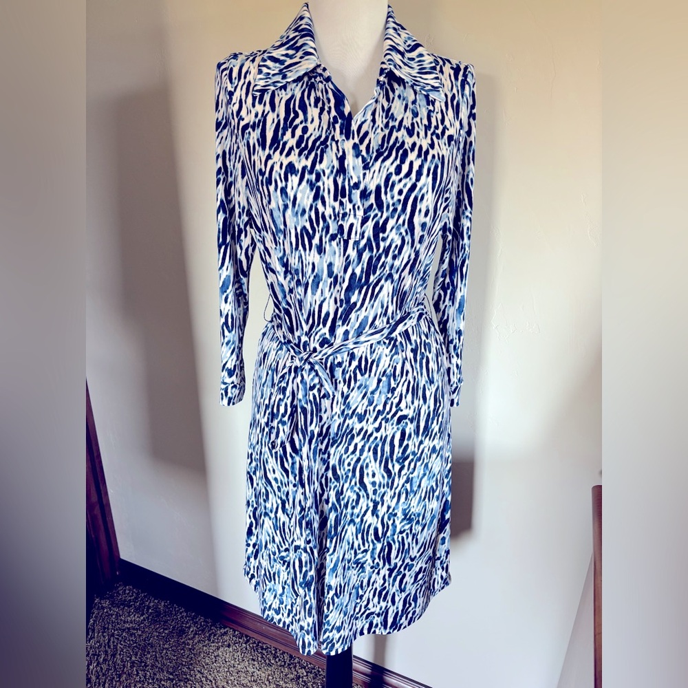 Veronica M Blue and White 3/4 Sleeve Shirt Dress in Sz M